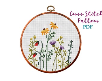 Wild flowers. Modern Cross Stitch Pattern. Counted cross stitch chart. Nature hoop art embroidery. Small xstitch. Instant download PDF
