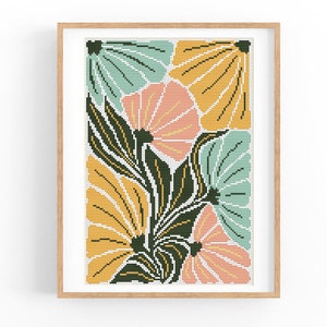 Kruissteekpatroon modern bloemen abstract, roze bloemen, eenvoudig x-steekpatroon, kruissteektabel, natuurpatroon, pdf direct downloaden