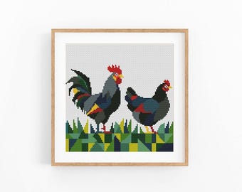 Hen and Rooster Cross Stitch Pattern, Modern Farm X-Stitch Chart, Instant Download PDF