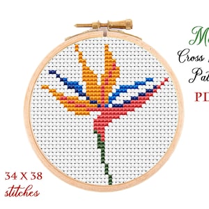 Könnte beinhalten: Ein Mini-Kreuzstichmuster einer Paradiesvogelblume in einem hölzernen Stickrahmen. Das Muster ist 34 Stiche breit und 38 Stiche hoch. Das Muster ist als PDF-Download erhältlich.