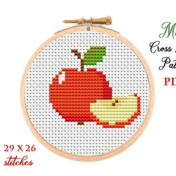 Mini Cross Stitch Pattern. Apple. Counted cross stitch chart. Fruit hoop art embroidery. Tiny xstitch for beginner. Instant download PDF