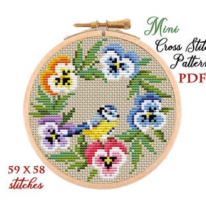 Mini-kruissteekpatroon viooltje. Getelde kruissteekkaart. Borduurwerk met hoepelkunst. Kleine xstitch voor beginners. Pdf direct downloaden