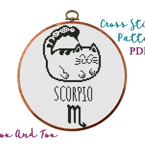 Zodíaco del gato. Escorpión. Patrón de punto de cruz moderno. Cuadro de punto de cruz contado. Bordado de aro. Gatito de astrología, gatito. Descarga instantánea de PDF