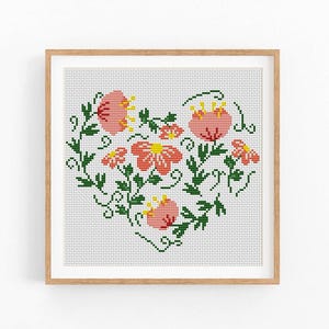 Padrão de ponto cruz moderno Flor Coração Amor, design de bordado para o Dia dos Namorados, gráfico de ponto cruz, ponto cruz para iniciantes, download instantâneo em PDF.