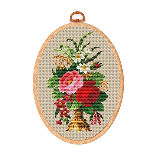 Vintage Flowers Cross Stitch Pattern, Antique Cross Stitch Design, Victorian x-stitch pattern, Embroidery Flowers, instant download PDF