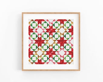 Star Quilt Block Cross Stitch Pattern, Red Green and Gold Geometric Mosaic Chart, Modern Patchwork Wall Decor, Instant Download PDF