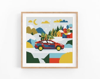 Modern Christmas Car Cross Stitch Pattern, Winter Scene with Xmas Tree, Instant Download PDF
