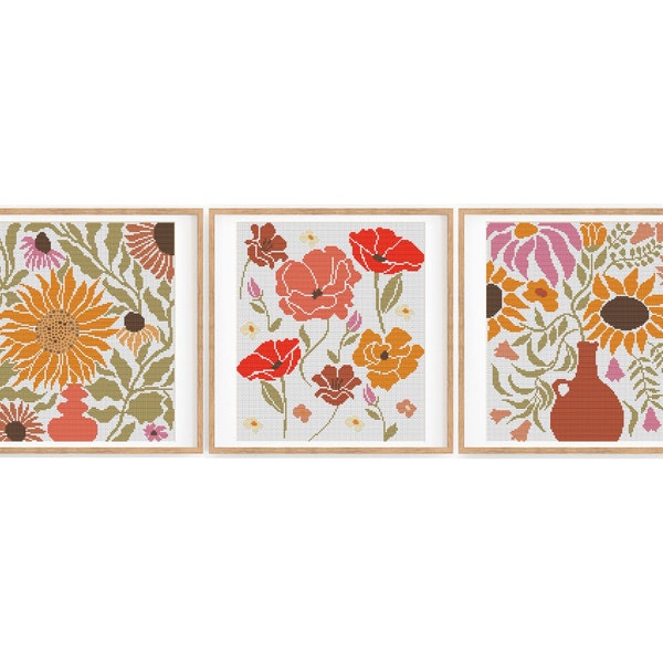 Set of 3 Modern Floral Cross stitch patterns, Abstract flower colourful cross stitch, Boho counted cross stitch chart. Instant download PDF