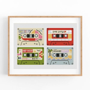Set van vier retro vintage tapecassettes kruissteekpatroon, artwork, modern x-stitchpatroon, kruissteektabel, instant download pdf