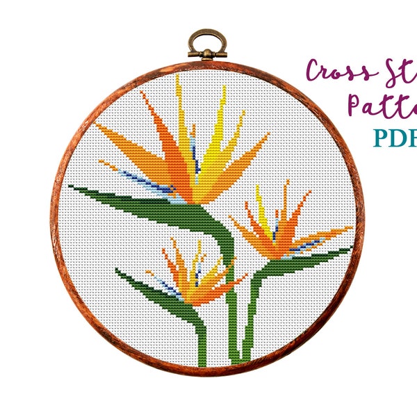 Modern cross Stitch Pattern. Bird of Paradise. Flower Strelitzia counted cross stitch chart. Nature hoop art x-stitch. Instant download PDF