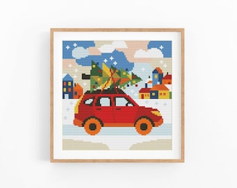 Christmas Car Cross Stitch Pattern, Xmas Tree and Winter Village Scene, Instant Download PDF