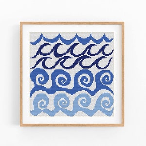 Puede incluir: Un diseño de punto de cruz enmarcado que presenta un patrón de olas azul y blanco. Las olas están estilizadas en diferentes formas, incluyendo espirales y curvas.