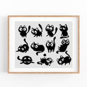 May include: A black and white cross-stitch pattern featuring 12 different black cat silhouettes in various poses. The cats have large eyes and are arranged in a grid pattern.
