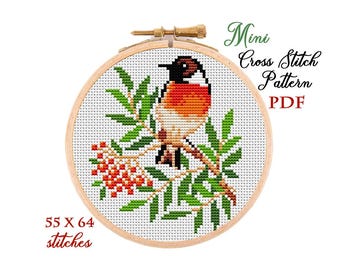 Little Bird Mini Cross Stitch Pattern, Tiny Songbird on Branch Chart, DMC Colors, Instant Download, Digital File