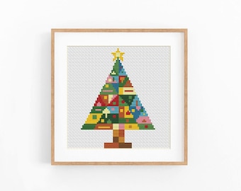 Christmas Tree Cross Stitch Pattern, Geometric Patchwork Chart, Instant Download PDF