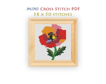 Poppy Flower Cross Stitch Pattern, Mini Multicolor Chart, Easy Beginner PDF, Abstract Floral Instant Download
