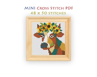Cow Sunflower Crown Cross Stitch Pattern, Mini Farm Animal Chart for Beginners, Mini Embroidery, Instant Download PDF