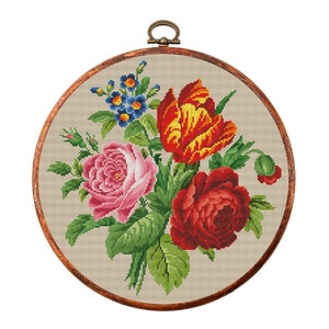 Vintage Flowers Cross Stitch Pattern, Antique Cross Stitch Design, Victorian Floral x-stitch pattern, Embroidery Flower,instant download PDF