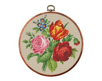 Wzór haftu krzyżykowego Vintage Flowers, antyczny wzór haftu krzyżykowego, wiktoriański kwiatowy wzór haftu krzyżykowego, haftowany kwiat, natychmiastowe pobranie pliku PDF