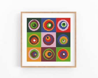 Retro Concentric Circles Cross Stitch Pattern, Colorful Abstract Squares Chart, Modern Wall Art, Beginner Friendly, Instant Download PDF