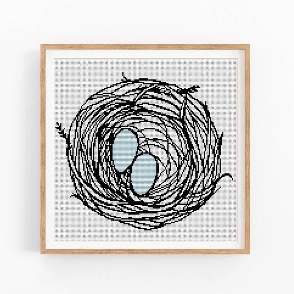 Patrón de punto de cruz moderno de nido de huevos, nido de pájaro, gallina, patrón de punto de cruz monocromático, gráfico de punto de cruz para el hogar, descarga instantánea en PDF.