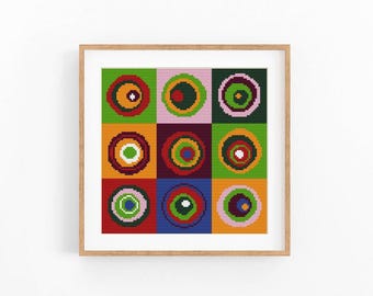 Mid Century Modern Circles Cross Stitch Pattern, Bullseye Color Block Chart, Geometric Wall Art, Beginner Friendly, Instant Download PDF