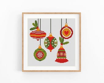 Christmas Ornaments Cross Stitch Pattern, Holiday Baubles and Bell Chart, Red Green Xmas Decor, Beginner Friendly, Instant Download PDF