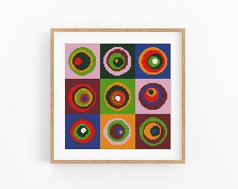 Retro Concentric Circles Cross Stitch Pattern, Colorful Abstract Squares Chart, Modern Wall Art, Beginner Friendly, Instant Download PDF