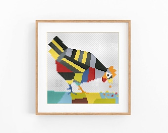 Abstract Bird Cross Stitch Pattern, Black Stripe Farm Bird PDF, Colorful Chart, Instant Download