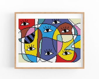 Abstract Eyes Cross Stitch Pattern, Colorful Geometric Portrait Chart, Vibrant Modern Art, Beginner Friendly, Instant Download PDF