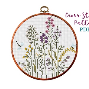 Kruiden en bloemen. Modern kruissteekpatroon. Getelde kruissteekkaart. Borduurwerk met natuurhoepelkunst. Kleine steek. Pdf direct downloaden