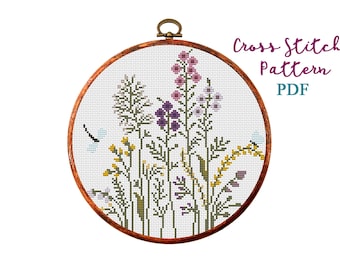 Herbs and flowers. Modern Cross Stitch Pattern. Counted cross stitch chart. Nature hoop art embroidery. Small xstitch. Instant download PDF