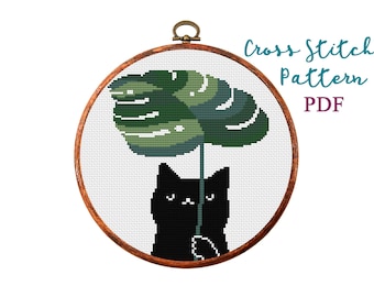 Cross stitch pattern cat monstera. Modern animal cross stitch PDF. Hand embroidery. Cat lover gift. Minimalist counted cross stitch chart.