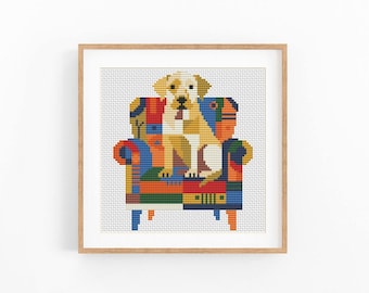 Labrador Retriever Dog Cross Stitch Pattern, Geometric Dog on Armchair Chart, Beginner Friendly, Instant Download PDF