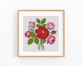 Rose Bouquet Cross Stitch Pattern PDF, Red Pink Floral Embroidery Design, Botanical Wall Art, Instant Download, 12 DMC Colors, Digital File