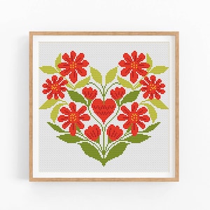 Padrão de ponto cruz moderno Flor Coração Amor, design de bordado para o Dia dos Namorados, gráfico de ponto cruz, ponto cruz para iniciantes, download instantâneo em PDF.