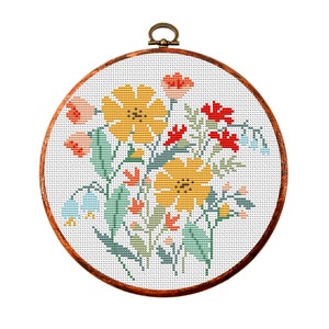Wilde bloemen. Modern kruissteekpatroon. Getelde kruissteekkaart. Borduurwerk met natuurhoepelkunst. Kleine steek. Pdf direct downloaden