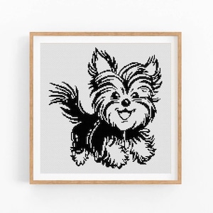 Puede incluir: Ilustración en blanco y negro de un Yorkshire Terrier con una expresión feliz. El perro mira hacia la derecha y tiene la lengua fuera.