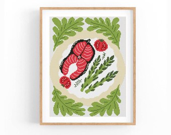 Salmon Cross Stitch Pattern, Kitchen Decor Chart, Food Xstitch Design, Instant Download PDF