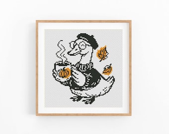 Autumn Goose Cross Stitch Pattern, Cozy Coffee and Falling Leaves Chart, Fall Animal Design, Beginner Friendly, Instant Download PDF