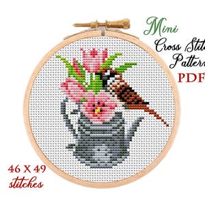 Mini Cross Stitch Pattern. Little bird. Counted cross stitch chart.Flower hoop art embroidery.Tiny xstitch for beginner.Instant download PDF