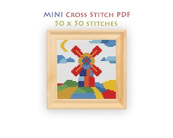Abstract Windmill Cross Stitch Pattern, Modern Beginner Friendly Design, Mini Farm Embroidery Chart, Instant Download PDF