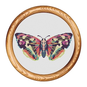 May include: A colorful butterfly cross-stitch pattern in a wooden embroidery hoop. The butterfly has pink, red, yellow, green, blue, and purple wings.