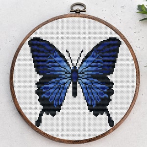 Op de afbeelding: Een blauw vlinderkruissteekpatroon in een houten borduurring.