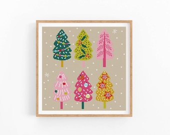 May include: Six colourful Christmas trees with different ornaments and decorations on a beige background with white snowflakes.