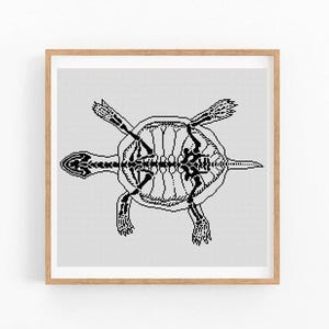 May include: A framed cross-stitch design featuring a black and white turtle skeleton. The artwork is presented in a light brown wooden frame. The turtle's skeletal structure is visible against a light grey grid background.
