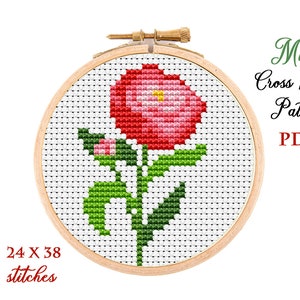 Mini Cross Stitch Pattern. Peony. Counted cross stitch chart. Flower hoop art embroidery. Tiny xstitch for beginner. Instant download PDF
