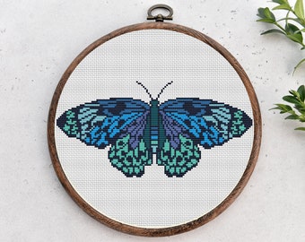Cross stitch pattern, Blue butterfly, Flying insect nature cross stitch, Hoop, Easy small counted cross stitch chart. Instant download PDF