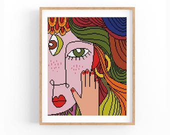 Psychedelic Portrait Cross Stitch Pattern, Colorful Swirl Hair Chart, Whimsical Modern Wall Art, Instant Download PDF