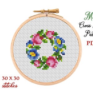 Mini Cross Stitch Pattern. Roses. Counted cross stitch chart. Flower hoop art embroidery. Tiny xstitch for beginner. Instant download PDF